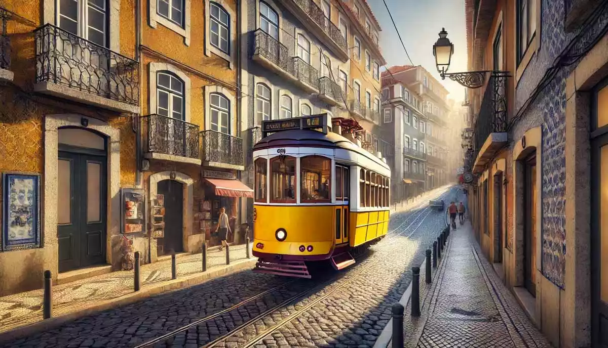 تراموای زرد معروف لیسبون در محله آلفاما